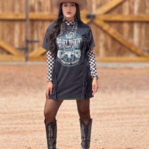 Fringed Country Graphic Tee Dress with Teal Print